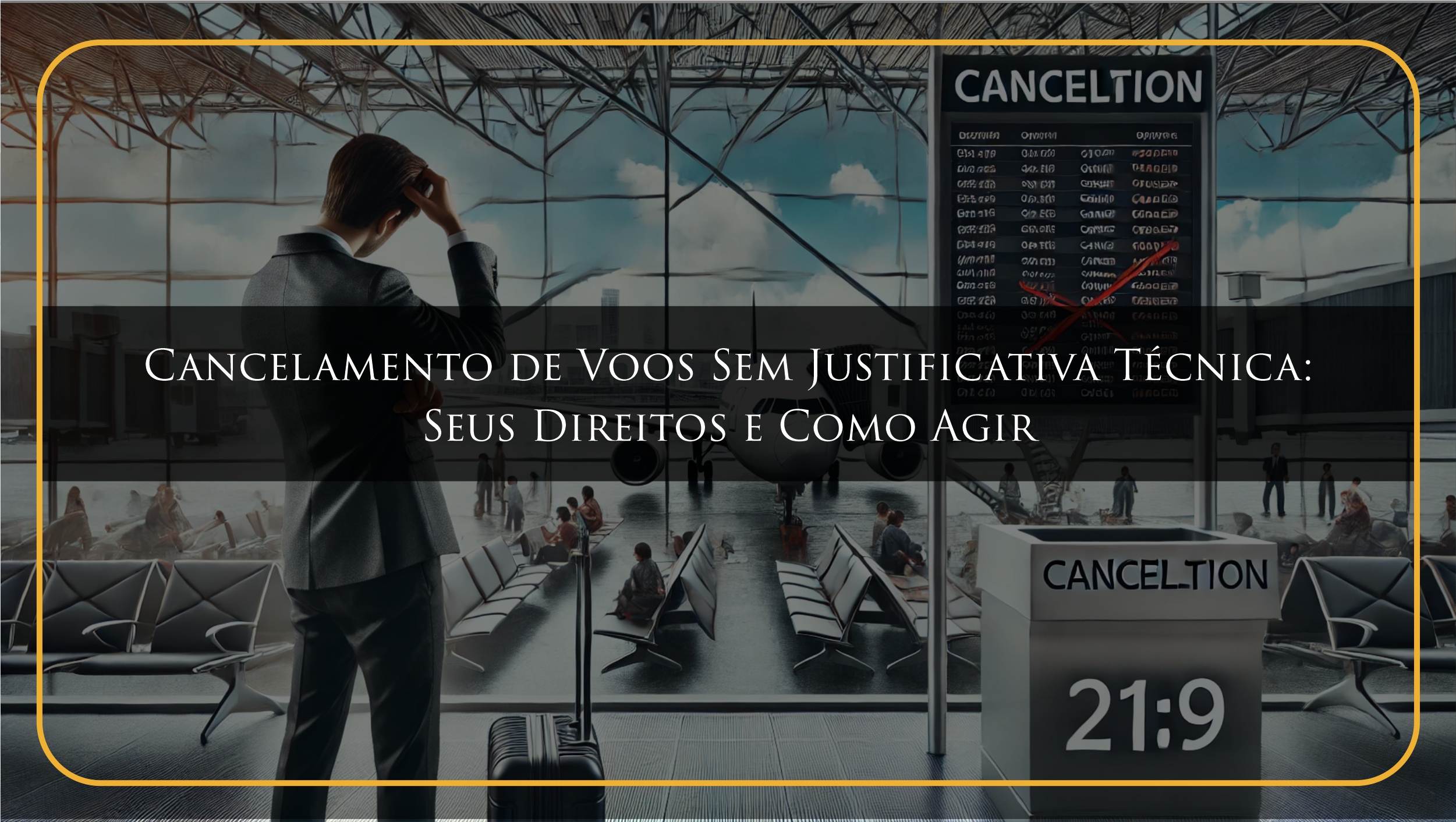 Passageiro no aeroporto olhando para um painel de voo cancelado, representando a frustração causada por cancelamentos de voos sem justificativa adequada.